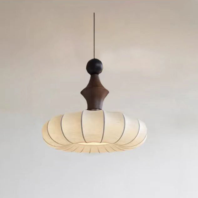 Traditional Vintage Faux Silk Solid Wood Metal Striped Flat Round 1-Light Pendant Light For Bedroom &amp; Living Room