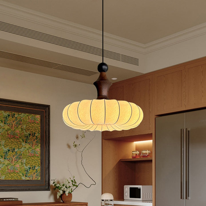 Traditional Vintage Faux Silk Solid Wood Metal Striped Flat Round 1-Light Pendant Light For Bedroom &amp; Living Room