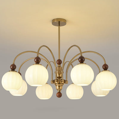 Traditional Chinese Glass Solid Wood Iron Copper Branching Round Curved 3/6/8-Light Chandelier For Bedroom & Living Room