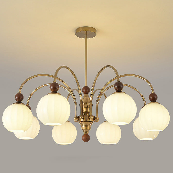 Traditional Chinese Glass Solid Wood Iron Copper Branching Round Curved 3/6/8-Light Chandelier For Bedroom & Living Room