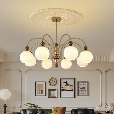 Traditional Chinese Glass Solid Wood Iron Copper Branching Round Curved 3/6/8-Light Chandelier For Bedroom & Living Room
