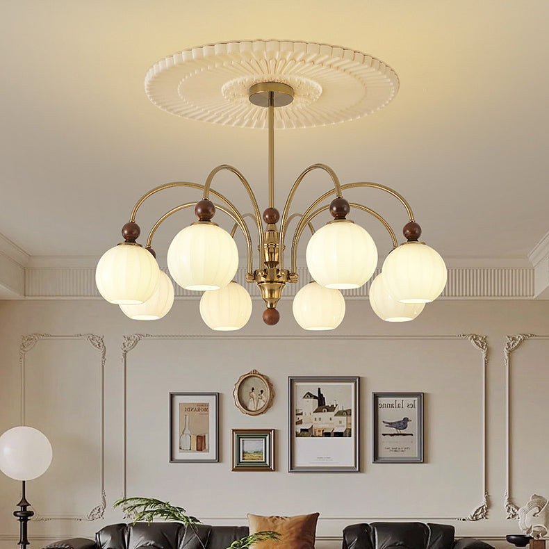 Traditional Chinese Glass Solid Wood Iron Copper Branching Round Curved 3/6/8-Light Chandelier For Bedroom & Living Room