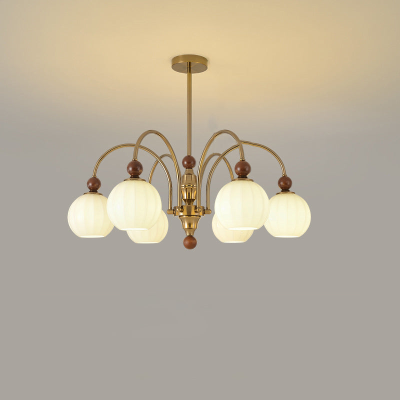 Traditional Chinese Glass Solid Wood Iron Copper Branching Round Curved 3/6/8-Light Chandelier For Bedroom & Living Room