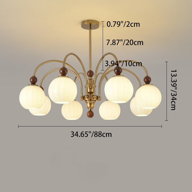 Traditional Chinese Glass Solid Wood Iron Copper Branching Round Curved 3/6/8-Light Chandelier For Bedroom & Living Room