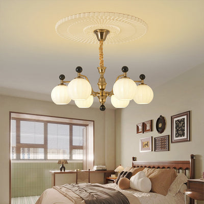 Traditional Chinese Glass Solid Wood Iron Copper Branching Round Curved 3/6/8-Light Chandelier For Bedroom & Living Room