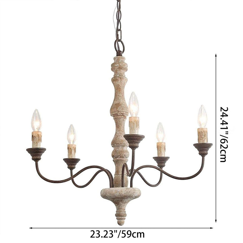 Traditional Farmhouse Wood Iron Curved Branch Round 5-Light Chandelier For Living Room Dining Room