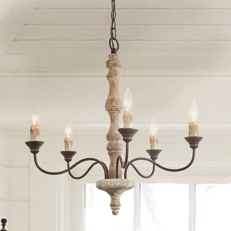 Traditional Farmhouse Wood Iron Curved Branch Round 5-Light Chandelier For Living Room Dining Room