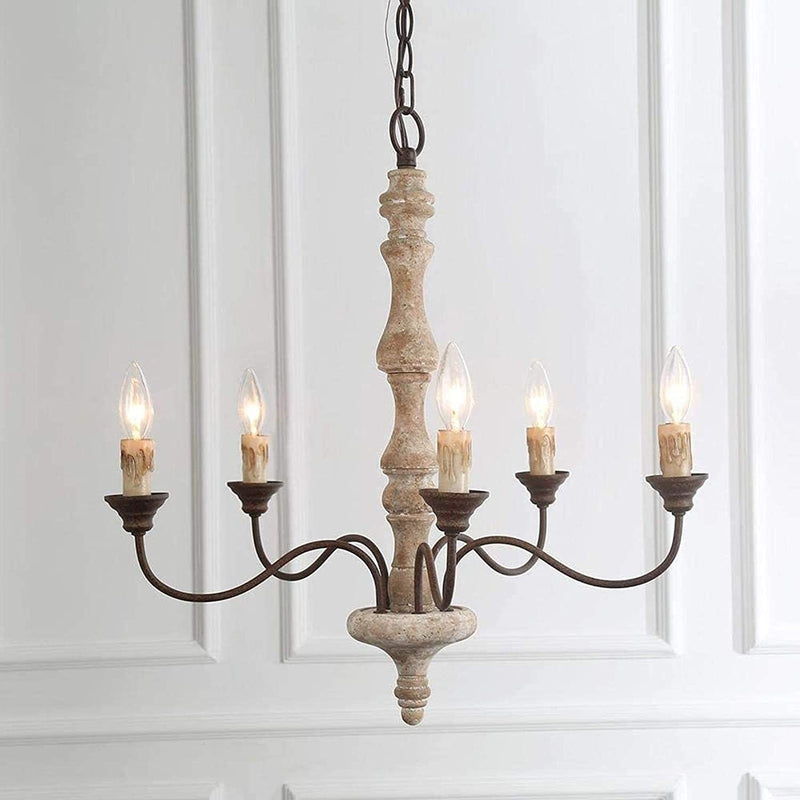 Traditional Farmhouse Wood Iron Curved Branch Round 5-Light Chandelier For Living Room Dining Room