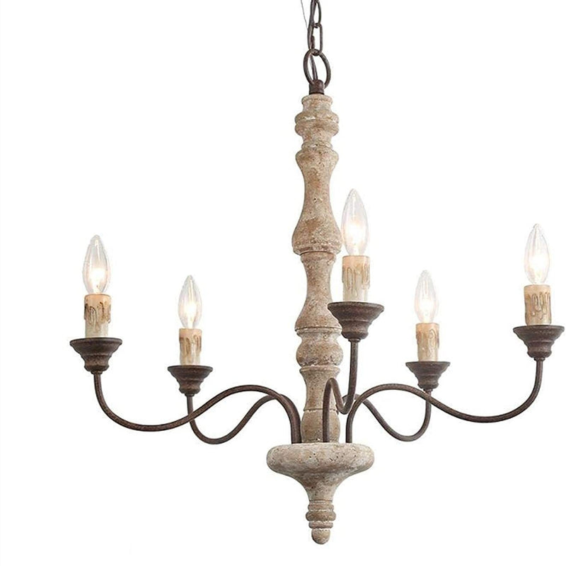 Traditional Farmhouse Wood Iron Curved Branch Round 5-Light Chandelier For Living Room Dining Room
