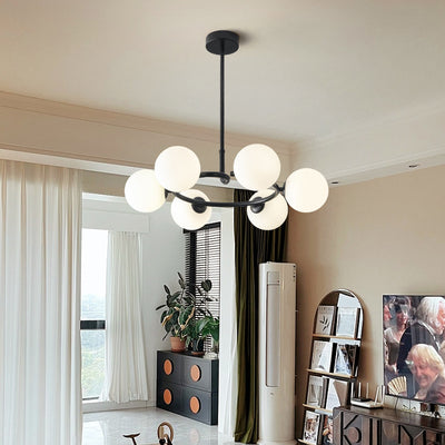 Contemporary Scandinavian Glass Iron Globe Round 6-Lights Chandelier For Living Room & Dining Room