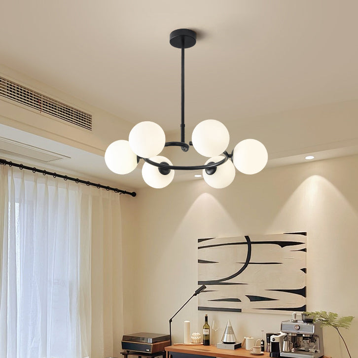 Contemporary Scandinavian Glass Iron Globe Round 6-Lights Chandelier For Living Room & Dining Room
