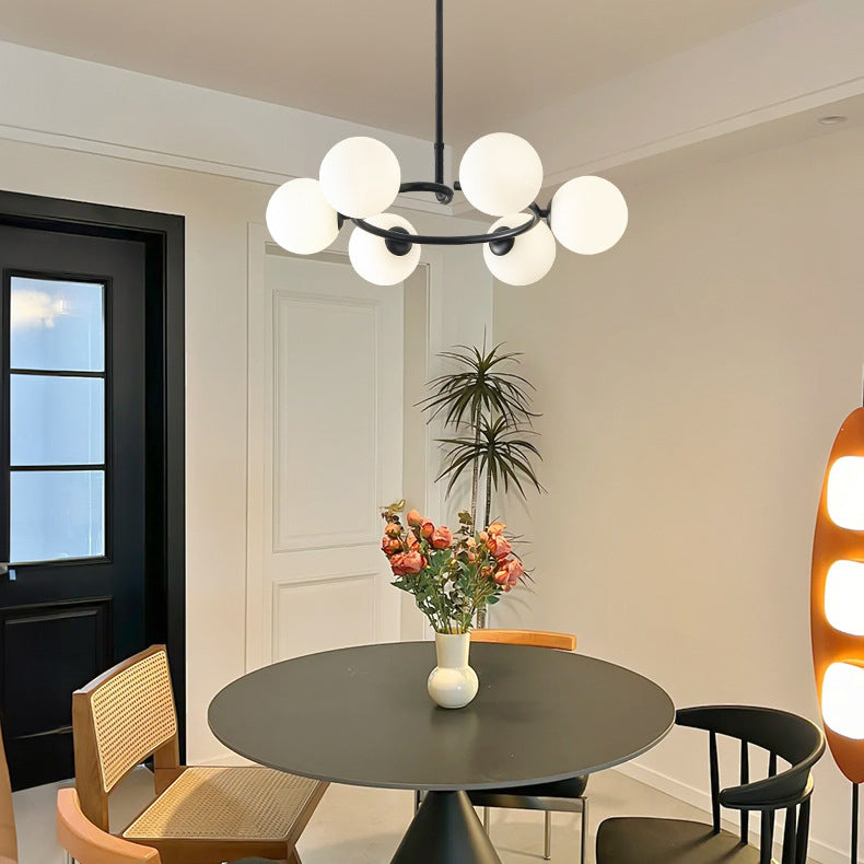 Contemporary Scandinavian Glass Iron Globe Round 6-Lights Chandelier For Living Room & Dining Room