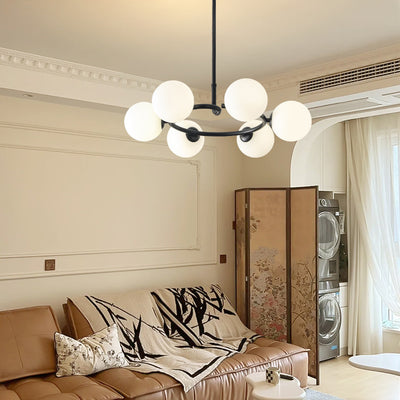 Contemporary Scandinavian Glass Iron Globe Round 6-Lights Chandelier For Living Room & Dining Room