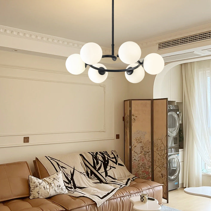 Contemporary Scandinavian Glass Iron Globe Round 6-Lights Chandelier For Living Room & Dining Room