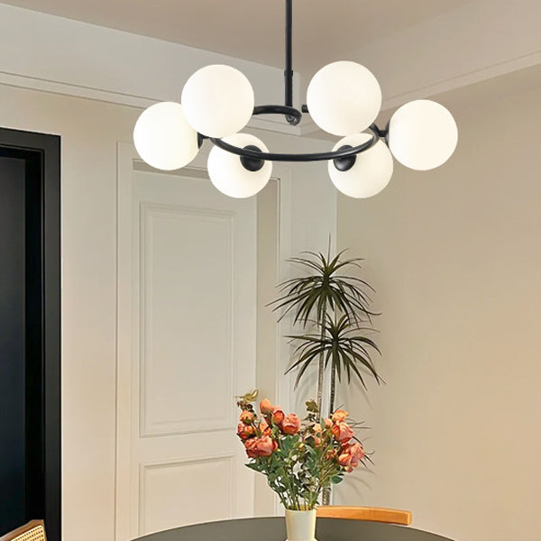 Contemporary Scandinavian Glass Iron Globe Round 6-Lights Chandelier For Living Room & Dining Room