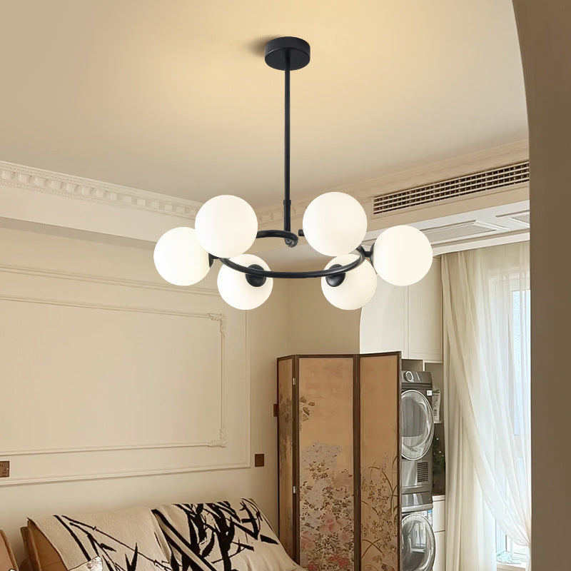 Contemporary Scandinavian Glass Iron Globe Round 6-Lights Chandelier For Living Room & Dining Room