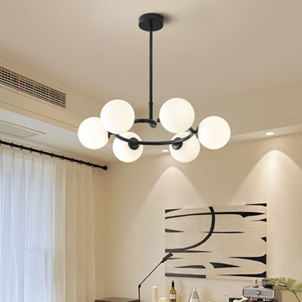 Contemporary Scandinavian Glass Iron Globe Round 6-Lights Chandelier For Living Room & Dining Room