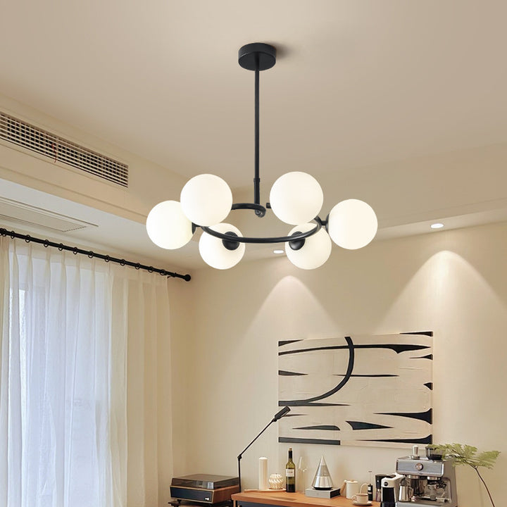 Contemporary Scandinavian Glass Iron Globe Round 6-Lights Chandelier For Living Room &amp; Dining Room