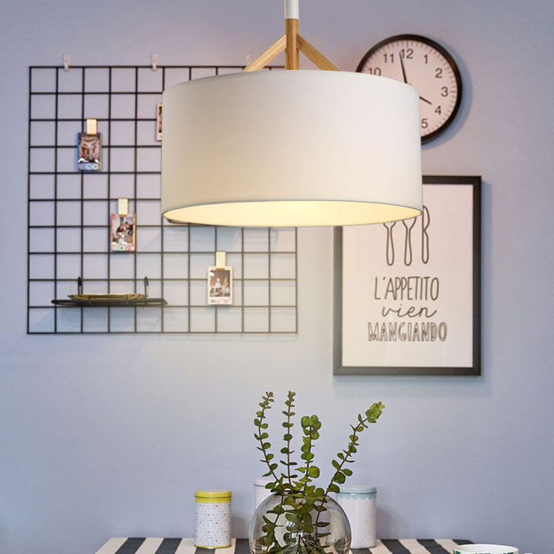 Modern Minimalist Fabric Wood Metal Round Cylinder 1-Light Pendant Light For Bedroom & Living Room
