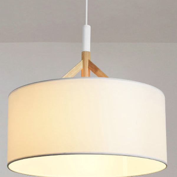 Modern Minimalist Fabric Wood Metal Round Cylinder 1-Light Pendant Light For Bedroom & Living Room