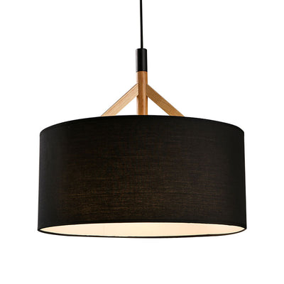 Modern Minimalist Fabric Wood Metal Round Cylinder 1-Light Pendant Light For Bedroom & Living Room