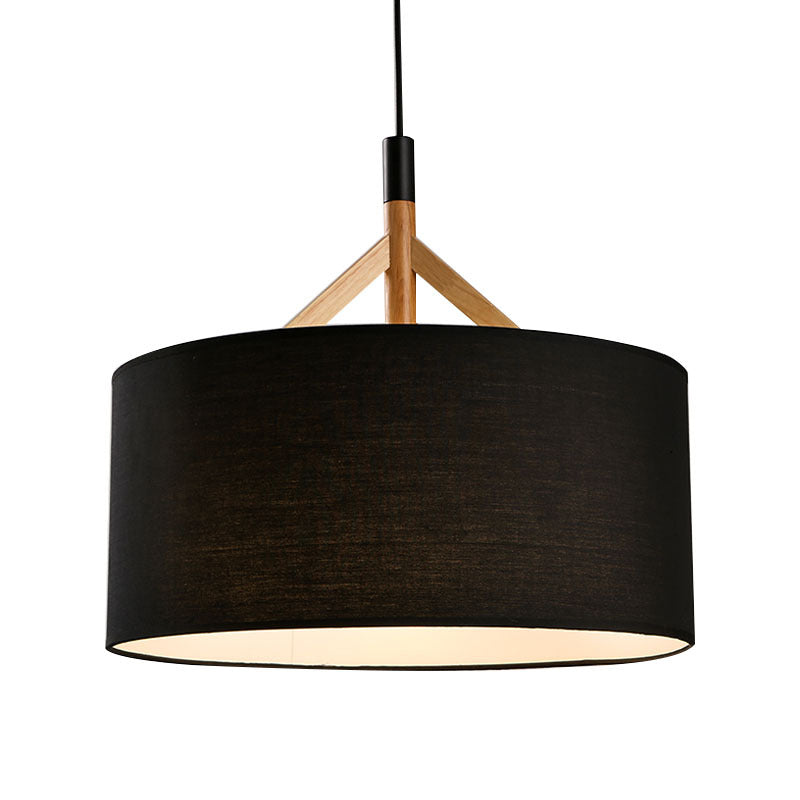 Modern Minimalist Fabric Wood Metal Round Cylinder 1-Light Pendant Light For Bedroom & Living Room