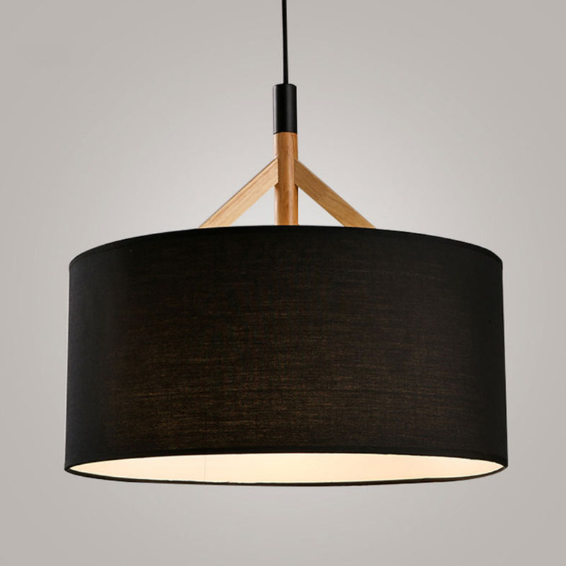 Modern Minimalist Fabric Wood Metal Round Cylinder 1-Light Pendant Light For Bedroom & Living Room