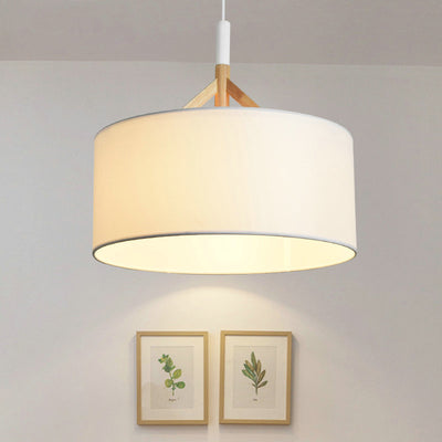 Modern Minimalist Fabric Wood Metal Round Cylinder 1-Light Pendant Light For Bedroom & Living Room