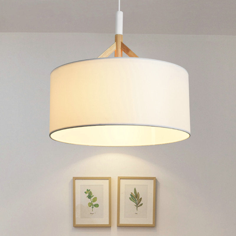 Modern Minimalist Fabric Wood Metal Round Cylinder 1-Light Pendant Light For Bedroom & Living Room