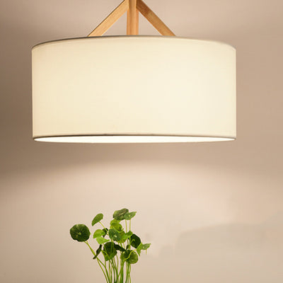 Modern Minimalist Fabric Wood Metal Round Cylinder 1-Light Pendant Light For Bedroom & Living Room