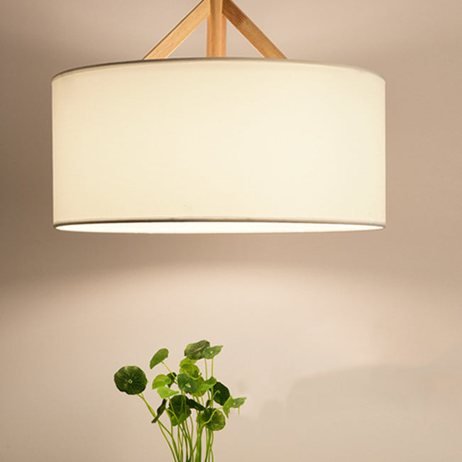 Modern Minimalist Fabric Wood Metal Round Cylinder 1-Light Pendant Light For Bedroom & Living Room