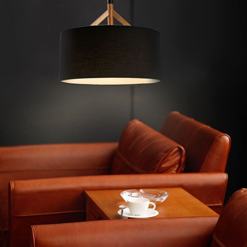Modern Minimalist Fabric Wood Metal Round Cylinder 1-Light Pendant Light For Bedroom & Living Room