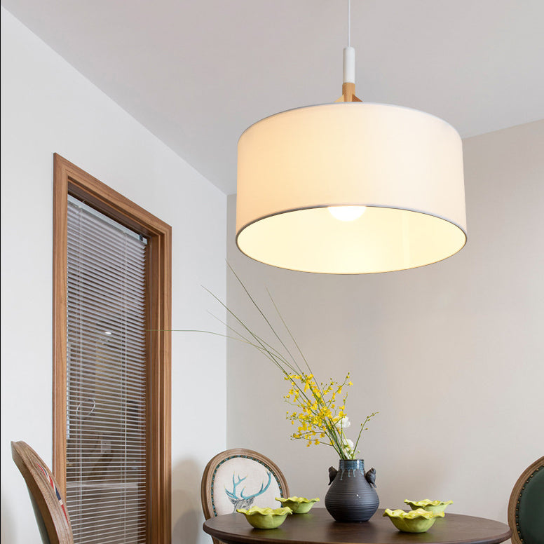 Modern Minimalist Fabric Wood Metal Round Cylinder 1-Light Pendant Light For Bedroom & Living Room