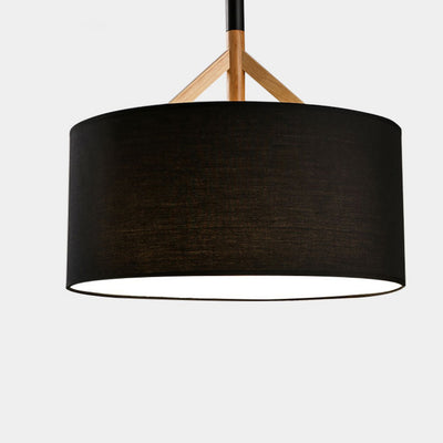 Modern Minimalist Fabric Wood Metal Round Cylinder 1-Light Pendant Light For Bedroom & Living Room