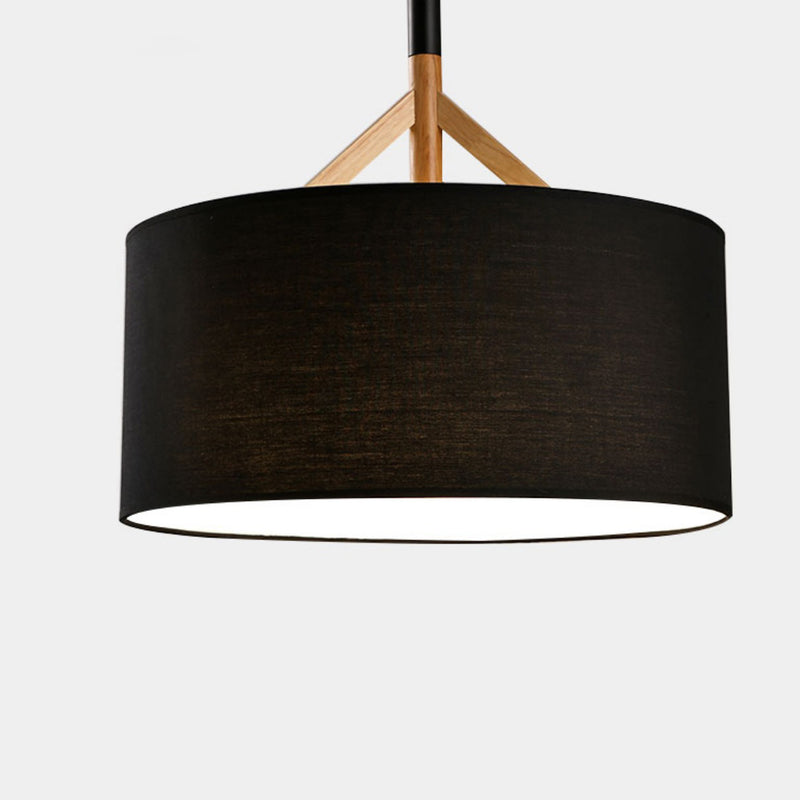Modern Minimalist Fabric Wood Metal Round Cylinder 1-Light Pendant Light For Bedroom & Living Room
