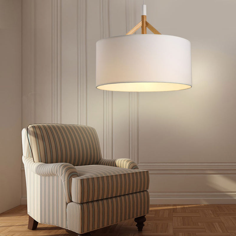 Modern Minimalist Fabric Wood Metal Round Cylinder 1-Light Pendant Light For Bedroom & Living Room