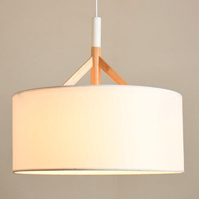 Modern Minimalist Fabric Wood Metal Round Cylinder 1-Light Pendant Light For Bedroom & Living Room