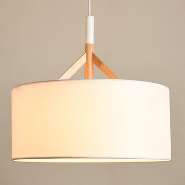 Modern Minimalist Fabric Wood Metal Round Cylinder 1-Light Pendant Light For Bedroom & Living Room