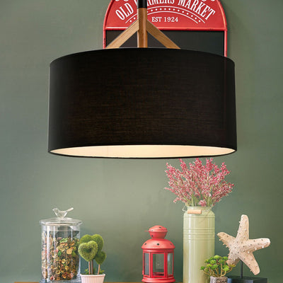 Modern Minimalist Fabric Wood Metal Round Cylinder 1-Light Pendant Light For Bedroom & Living Room