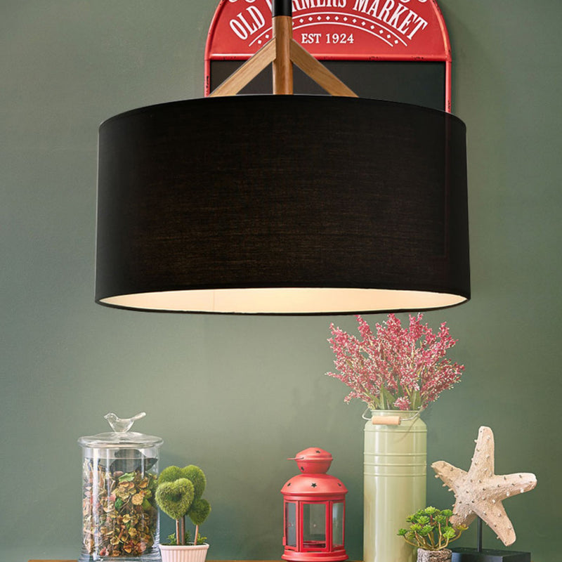 Modern Minimalist Fabric Wood Metal Round Cylinder 1-Light Pendant Light For Bedroom & Living Room