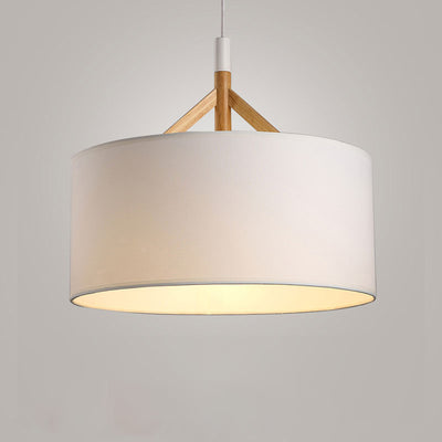 Modern Minimalist Fabric Wood Metal Round Cylinder 1-Light Pendant Light For Bedroom & Living Room
