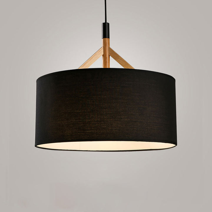 Modern Minimalist Fabric Wood Metal Round Cylinder 1-Light Pendant Light For Bedroom &amp; Living Room