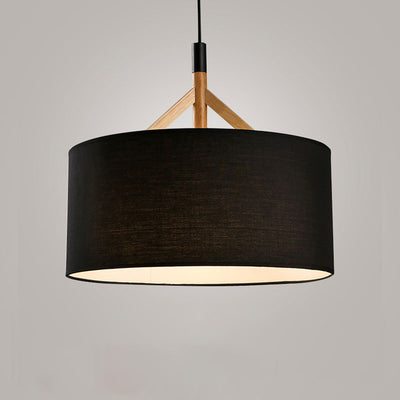 Modern Minimalist Fabric Wood Metal Round Cylinder 1-Light Pendant Light For Bedroom & Living Room