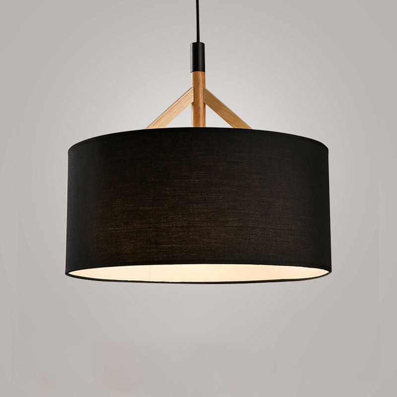 Modern Minimalist Fabric Wood Metal Round Cylinder 1-Light Pendant Light For Bedroom & Living Room