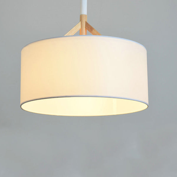 Modern Minimalist Fabric Wood Metal Round Cylinder 1-Light Pendant Light For Bedroom & Living Room