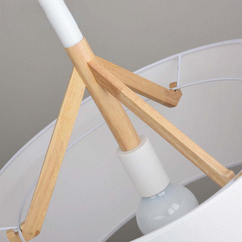 Modern Minimalist Fabric Wood Metal Round Cylinder 1-Light Pendant Light For Bedroom & Living Room