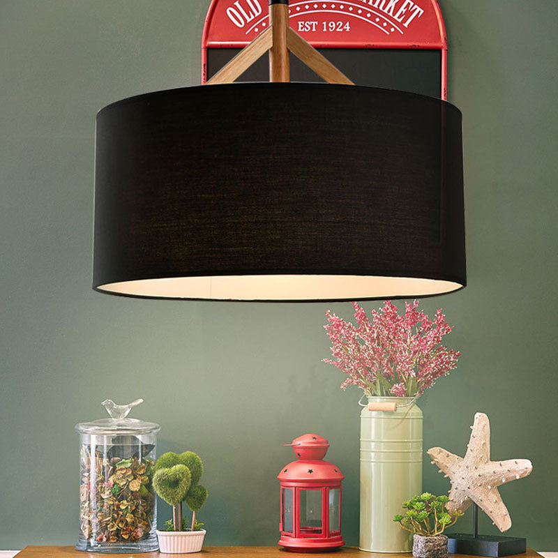 Modern Minimalist Fabric Wood Metal Round Cylinder 1-Light Pendant Light For Bedroom & Living Room