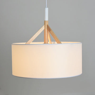Modern Minimalist Fabric Wood Metal Round Cylinder 1-Light Pendant Light For Bedroom & Living Room