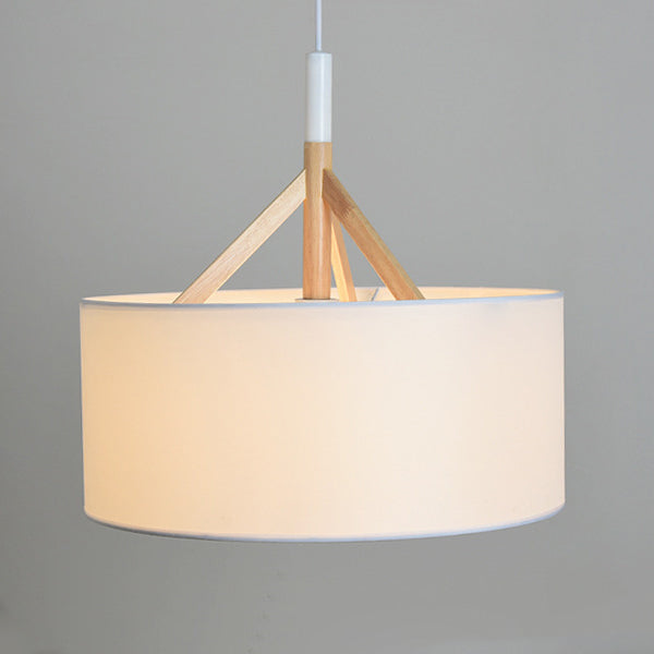 Modern Minimalist Fabric Wood Metal Round Cylinder 1-Light Pendant Light For Bedroom & Living Room