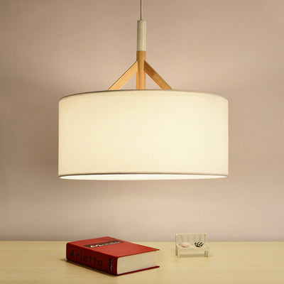 Modern Minimalist Fabric Wood Metal Round Cylinder 1-Light Pendant Light For Bedroom & Living Room